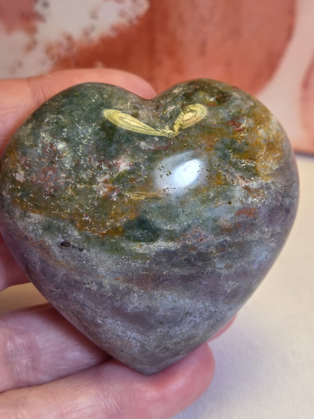 Polished Heart Ocean Jasper Sculpture in Green, Lavender, Gray, and Gold- Decor